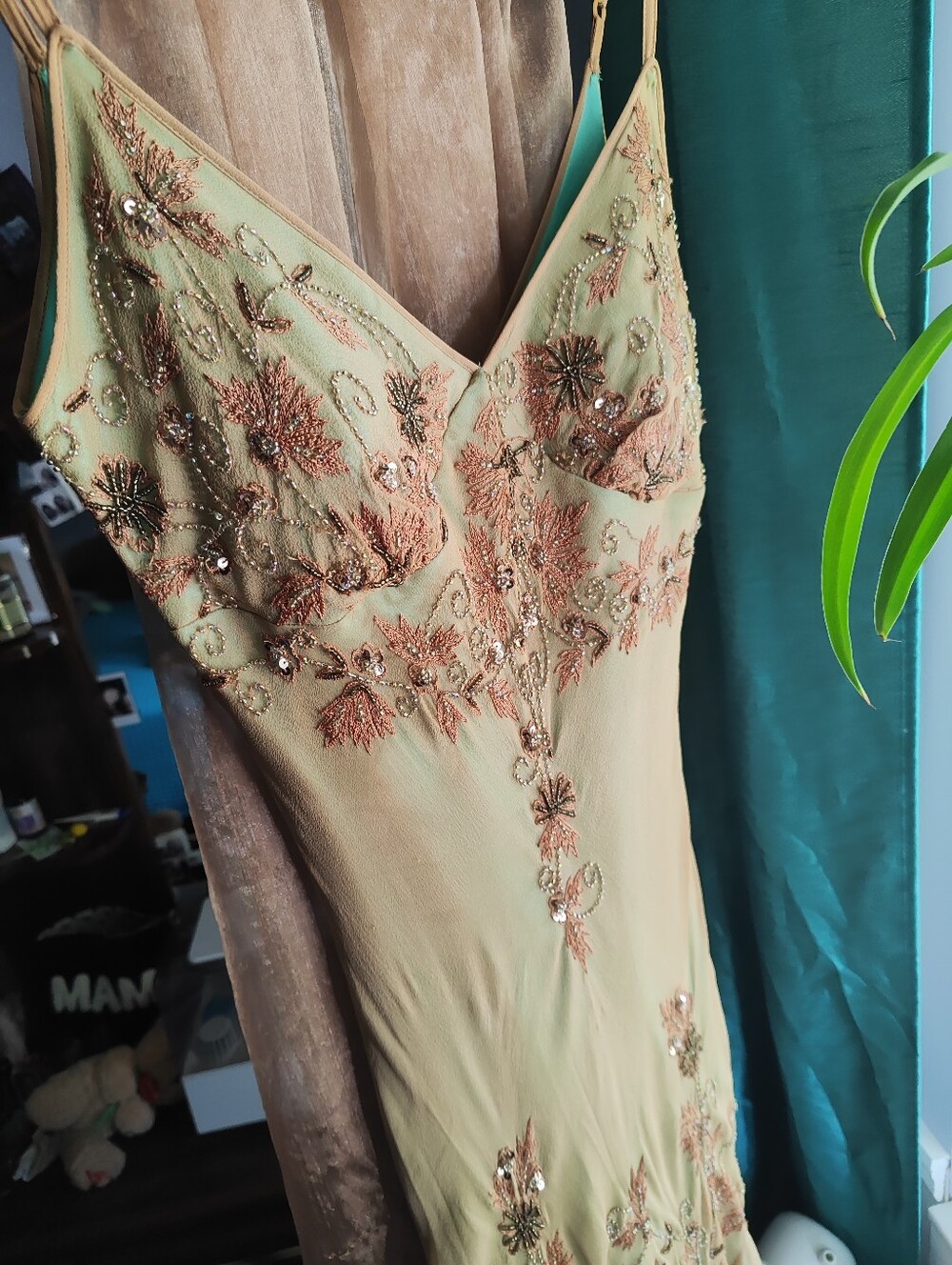 Papell Boutique Blush Green Beaded Fringe Maxi Dress - Picture 3 of 14